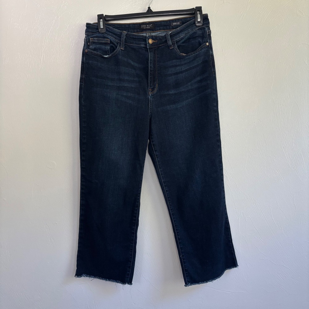 Judy Blue Los Wide Leg Dark Wash Denim Jeans Women Size 15 Sz 32 Raw Hem Cropped